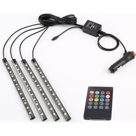 (Farverig) LED-strip til bilinteriørstemningslys, 48 flerfarvede LED'er, vandtæt, 4 lysende stænger med fjernbetjening