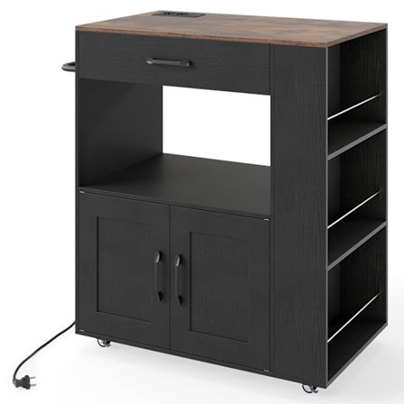 Pyörivä keittiökärry latausasemalla ja säilytystilalla