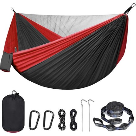 Dobbelt Hængekøje til Camping, Bærbar 2-Personers med Myggenet - Letvægts Nylon Faldskærmshængekøje til Udendørs Brug, Vandreture & Rejser