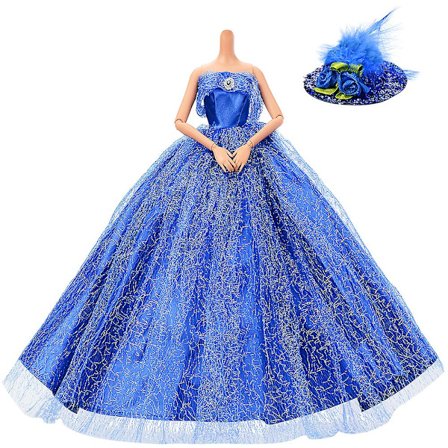 Dockkläder Accessoarer, exklusiv bröllopsklänning hel kjol med guldskimrande prinsessa, matchande fjäderhatt