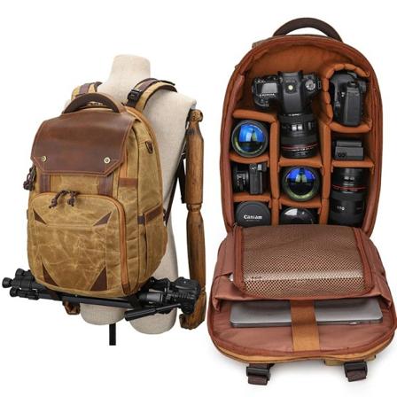 Kamera väska Vattentät Retro Batik Canvas Läder Ryggsäck w USB Port passform 15,4 tum Laptop Her Fotografi väskor