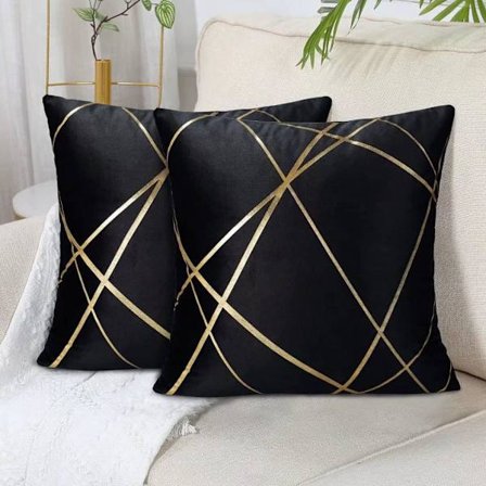 Set om 2 svarta soffor (utan kudde) Sammetskuddfodral 45 x 45 cm Kuddar Dekorativa kuddfodral Guldlinjer Geometriska kuddar Vardagsrum