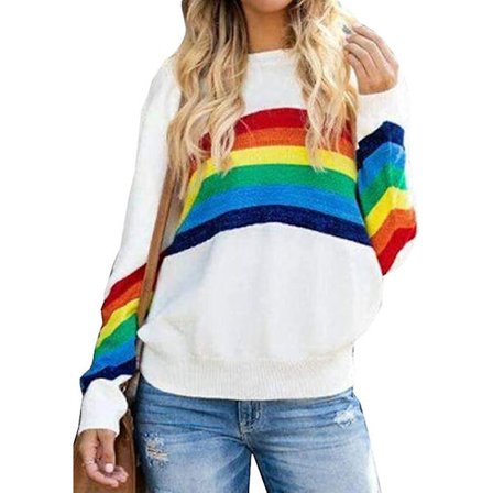 Dam tröja regnbåge pullover lätt långärmad rund hals lös stickad tröja