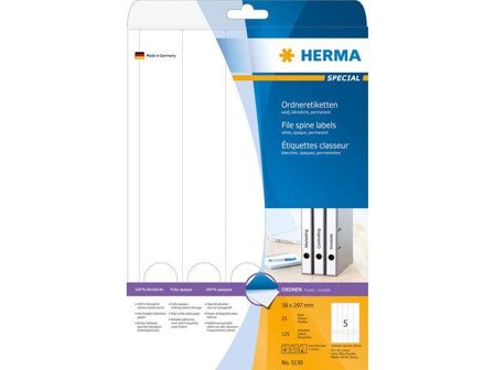 Herma Special - Papir - matt - permanent selv-adhesiv - hvit - 38 x 297 mm 125 etikett(er) (25 ark x 5) opake arkivmappeetiketter