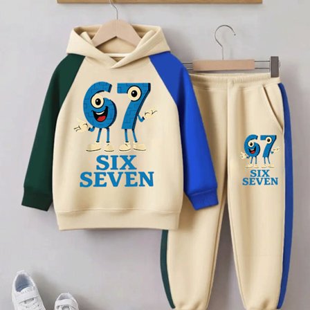 Nytt Høst-Vinter Unisex Fargeblokksett, Tegneserie Nummer 67 Hettegenser + Joggebukse, Varmt Komfortabelt Trendy Todelt Antrekk for utendørsbruk