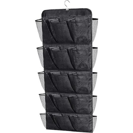 30 store lommer sko hængende opbevaring arrangør til garderobe skinne rack dobbeltsidet med roterende bøjle mesh sko arrangør, sort