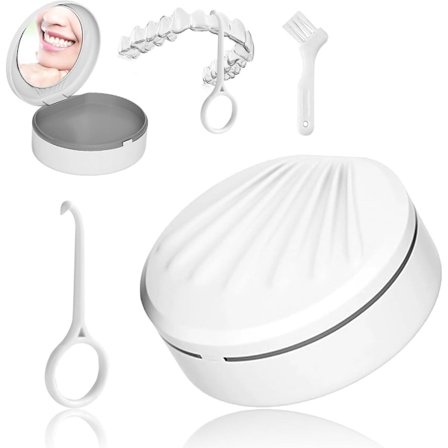 Tandproteseetui med spejl og 2 rensebørster - Kompatibelt med tandproteser og bøjler - Kompakt tandbørsteholder