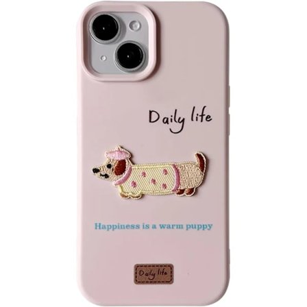 iPhone 15 Cover Silikone Sød Hvalp Broderi Design til Mode Slank Blød Fleksibel Silikone til iPhone 15 Cover - Pink