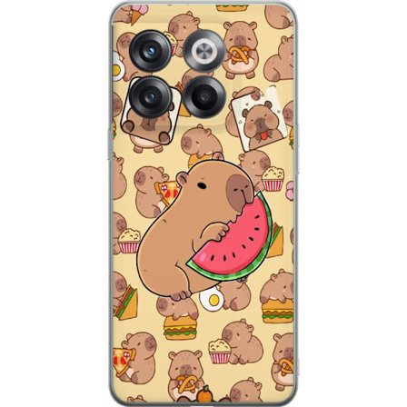 Kompatibel Mobilcover til OnePlus OnePlus 10T Søde capybaraer nyder vandmelons pizza og popcorn i et varmt og legesygt design, der spreder glæde og