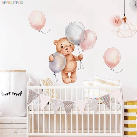 Balloon Brown Bear Wall Stickers for Kids Room Baby Boys Nursery Room Decoration Animals Wall Decal Nordic