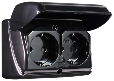 Elko EKO06932 Stikkontakt 2-veis, IP44 Svart, Strømbrytere & vegguttak