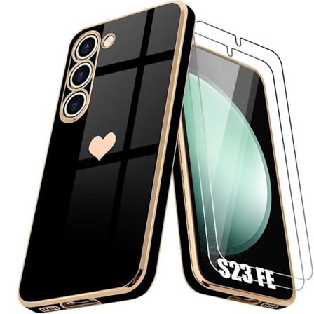 Coque + 2 Förstärkta Glas - Booling - för Samsung Galaxy S23 FE - Svart - Stötsäker - Guld Hjärtmotiv