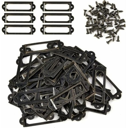 50 stk Etikett Holder Bokhylle Skuff Skap Håndtak Navneskilt med skruer, 60 x 17 mm, Antikk Bronse