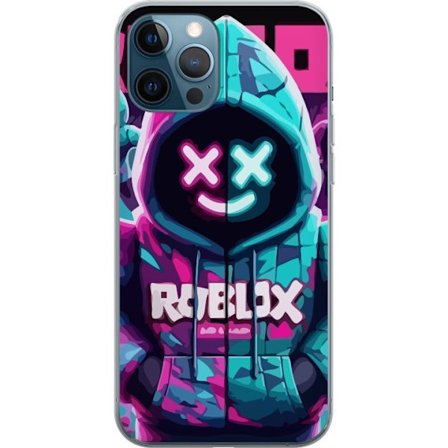 Apple iPhone 12 Pro Gjennomsiktig deksel Roblox neon hettegenser i nærbilde med intensivt nærbilde av forkledt karakter i rosa og blått neonlys, so
