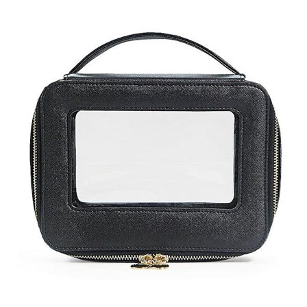 Kvinnors Bärbara Resväska för Makeup, Läder Makeup Väska Med Transparenta Fönster Och Guld Dragkedja