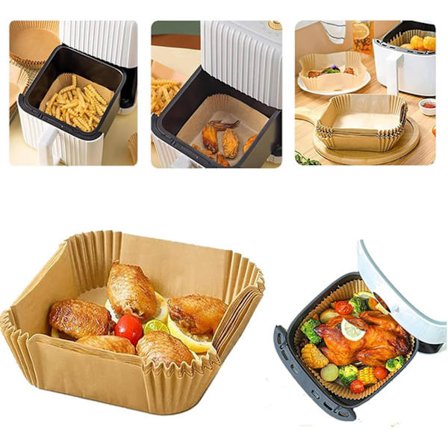 100/200 kpl Air Fryer -paperit pergamenttimuodot - Neliönmuotoiset Air Fryer -paperit Air Fryerille 20 x 20 cm, vuorat Airfryer Ruskea