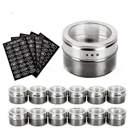 12 magneettista maustepurkkia ja etikettiä, 12 maustesäiliötä