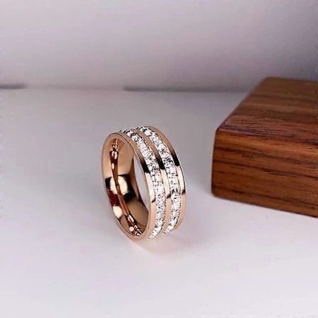 /EA/Lyxig Roséguldfärgad Dubbelrad Fyrkantig Zirkon Rostfritt Stål Ring för Kvinnor Romantisk Förlovning Bröllopsfest Smycken Dam rose gold 5