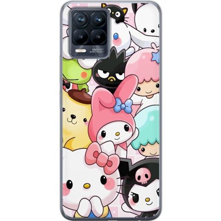 Kompatibelt Mobildeksel til Realme 8 Tett mønster av søte figurer med store øyne i ulike farger og uttrykk med LABUBU-tekst