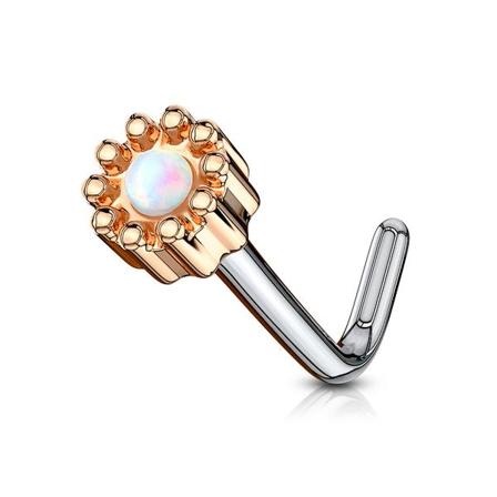 1L-Formad näspiercing i Rose Guldpläterad 316L stål med Vit Opal