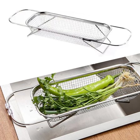 Køkkensi over vasken i rustfrit stål med udtrækkeligt håndtag, frugtsi, afløbskurv, S