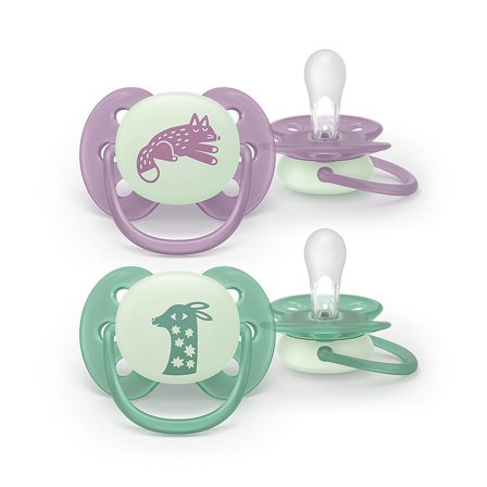Philips Avent Ultra Soft Nat Sut - Lyser i Mørket 2-Pak Lilla/Grøn 6-18 m, Børn & Forældre, Sutter, Silikonesutter