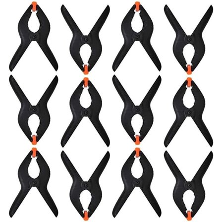 12 stk. fjederklemmer, 7 cm nylonkædeklemmer, 70 mm kraftige fjederklemmer, limede klemmer med bevægelige kæber, kraftig fjeder