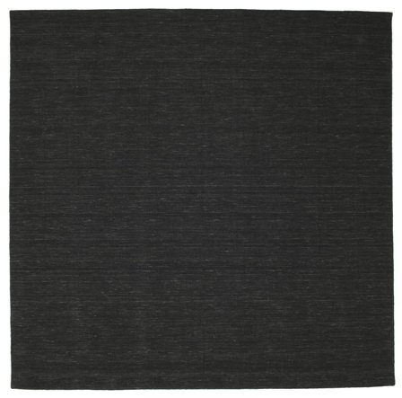 Plain (Single Colored) Large Handloom Flat Rug - Black 300X300 Wool, In Modern Style