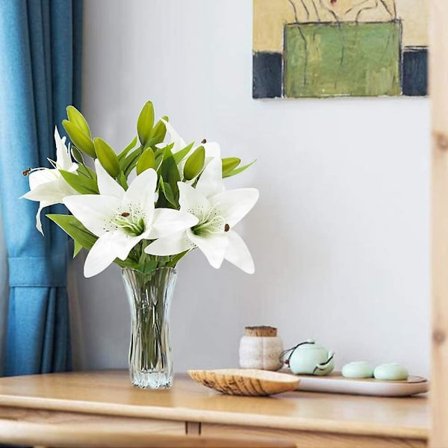 4 stk kunstige lilje blomster planter falske blomsteroppsats silke bryllup brudebuketter hvite innendørs utendørs hjem kjøkken spisestue bord 