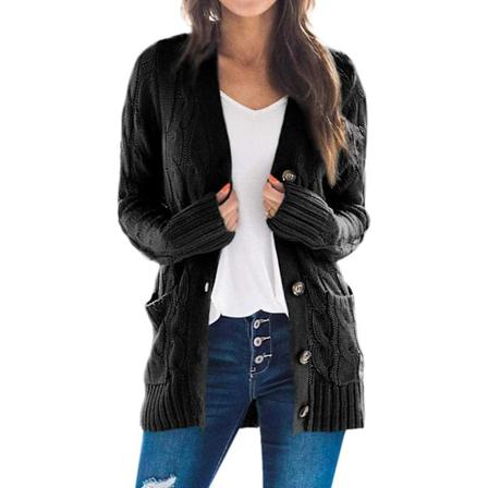 Svart XL Dam Kabel Stickad Cardigan Rock med Fickor