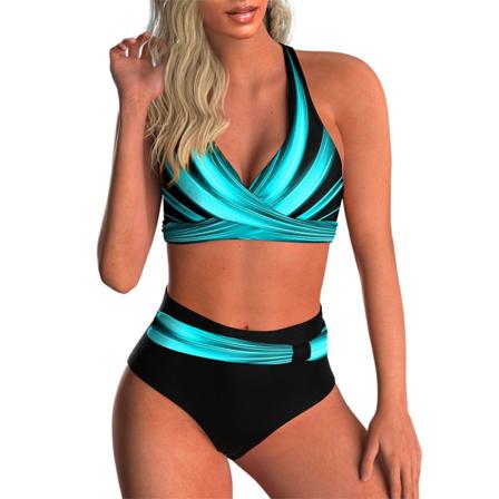 Todelt bikinisett for kvinner med V-hals badetøy med høy midje D 2XL