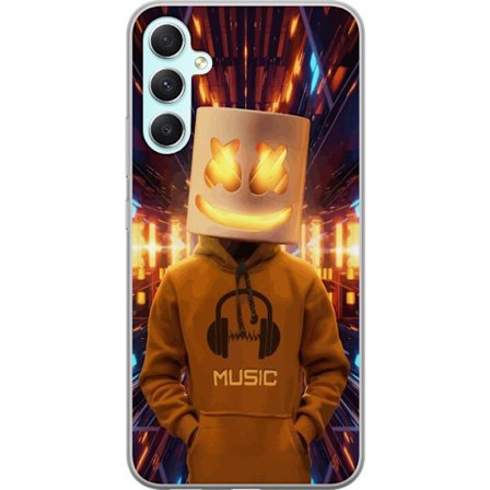 Kompatibel Mobilcover til Samsung Samsung Galaxy A34 DJ-figur med lysende hjelm og hættetrøje i futuristisk musikmiljø med neonlys.