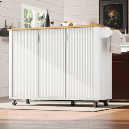 Udtrækkelig køkkenø med træstruktur og hjul | Køkkenvogn 130x45(75)x92cm | Med krydderihylde, håndklædeholder og 3 låger | Hvid/Sort