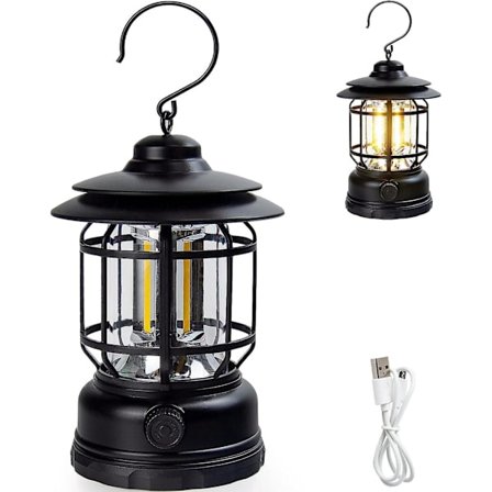 Ladattava retkeilylyhty, retro-retkeilyvalaisin sisä- ja ulkotiloihin, 1200 mAh:n akkukäyttöinen LED-telttailuvalo koukulla, kannettava vedenpitävä 