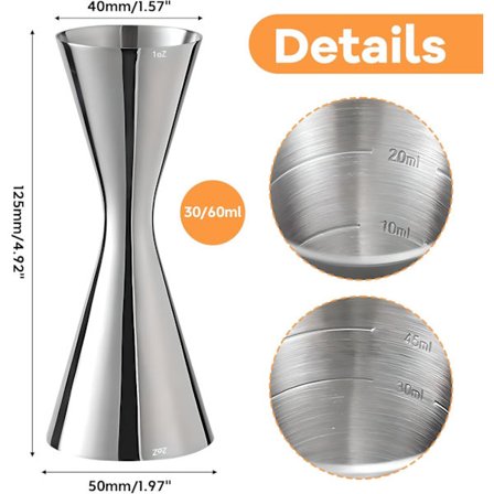 Cocktail Jigger i rustfrit stål - Professionel 10ml/20ml/30ml/45ml spiritusmåler til bartendere (Sølv)