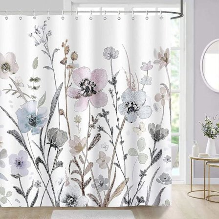 180 x 180 cm med 12 kroker, kompatibel med badeforheng, dusjforheng, akvarellblomster, badeforheng, polyesterstoff