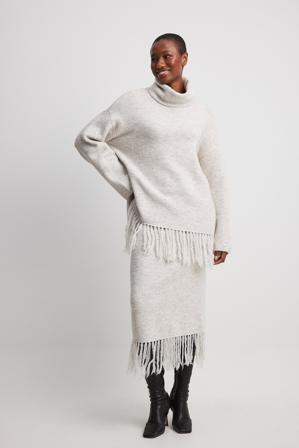 Lydia Tomlinson x NA-KD Jupe mi-longue en maille à franges - Jupes en tricot - Gris - Small
