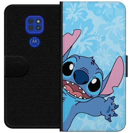 Kompatibelt Lommeboketui til Motorola Moto G9 Play Leken illustrasjon av Stitch som strekker seg mot kameraet på lyseblå blomstret bakgrunn