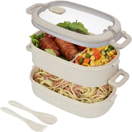 Matboks med 3 rom og gratis bestikksett (beige - 2 lag)