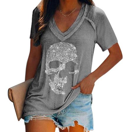 Kvinnor Skull Print Lös Kortärmad Pullover Djup V-ringad T-shi