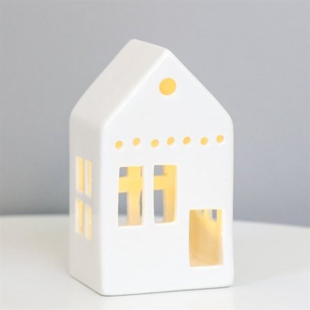 Kynttilälyhty - Keraaminen talo - Valkoinen