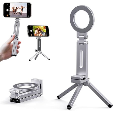 Mini magnetisk telefon tripod i aluminium til iPhone og MagSafes, 360° justerbar Magic Clip foldbar magnetisk telefonholder, 1/4 tomme skrue