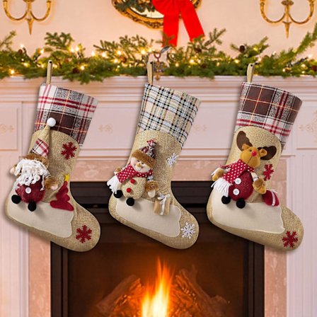 3 st julstrumpor 18 tum Storlek Jutesäck Julstrumpa med 3D Tomte, Snögubbe, Rensa Mönster Presenter för Familjen Juldekoration