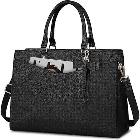 Stor Laptopveske for Kvinner 15,6 Tommer PU Lær College Vesker Vanntett Tote Veske Shopper Skulderveske Svart