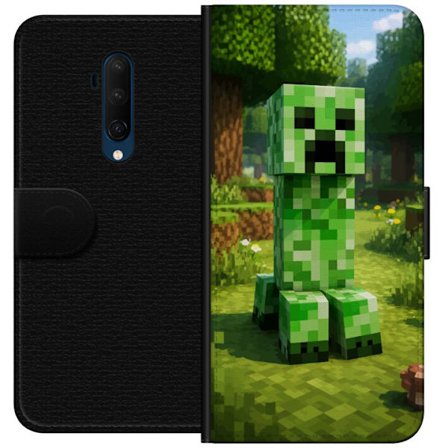 Kompatibelt Plånboksfodral till OnePlus OnePlus 7T Pro Block-baserad Creeper-figur i en grön pixell värld, ikonisk spelillustration för barnrum, g