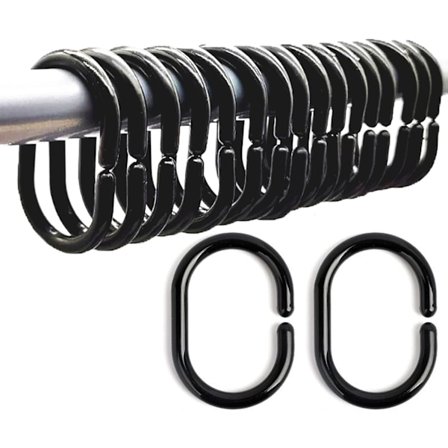 36 pakker bruseforhængsringe, sorte bruseforhængskroge plastik C-formede badeforhængs løkker til stang