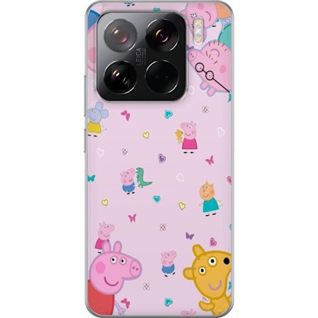 Kompatibelt Mobildeksel til Xiaomi 15 Pro Peppa Gris med en baby i armene, mamma gris motiv i fargerik og myk barneillustrasjon med hjerter