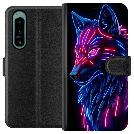 Kompatibelt Plånboksfodral till Sony Sony Xperia 5 IV Neonupplyst varg i blått och rosa ljus mot mörk bakgrund, futuristisk djurillustration med cy