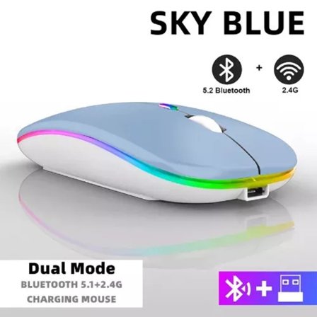 Uppladdningsbar trådlös Bluetooth-mus med 2,4 GHz USB RGB 1600DPI-mus (Himmelsblå)