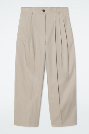 COS Women's Pleated Barrel-Leg Cotton Trousers in Beige